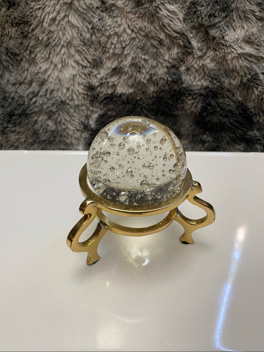 Decorative Clear Glass Bubble Paperweight on Gold Stand